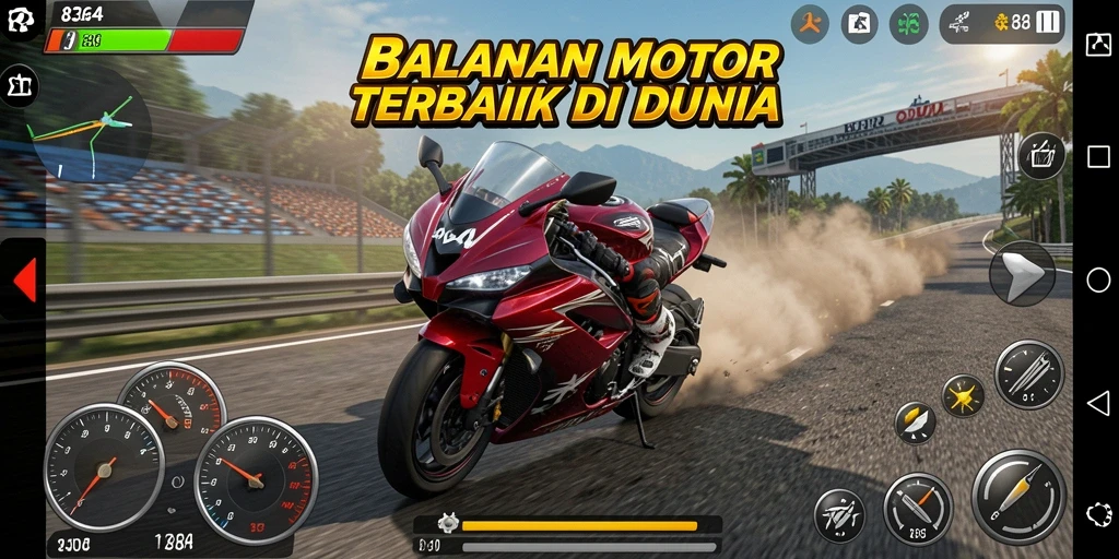 Screenshot gameplay Motor Racing dengan aksi balapan yang intens.